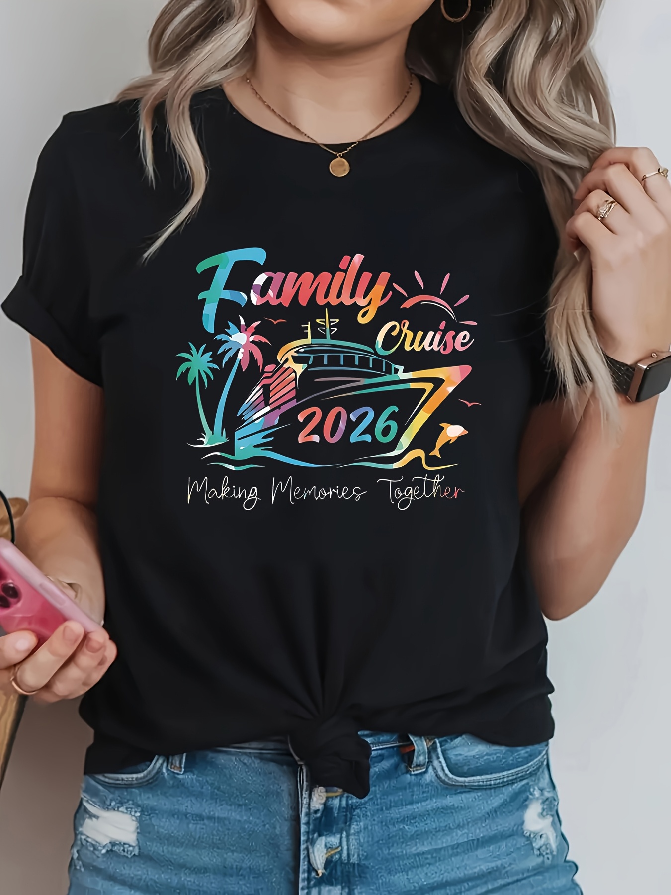 Family Tree Print - 플러스 사이즈 여성 캐주얼 라운드 넥