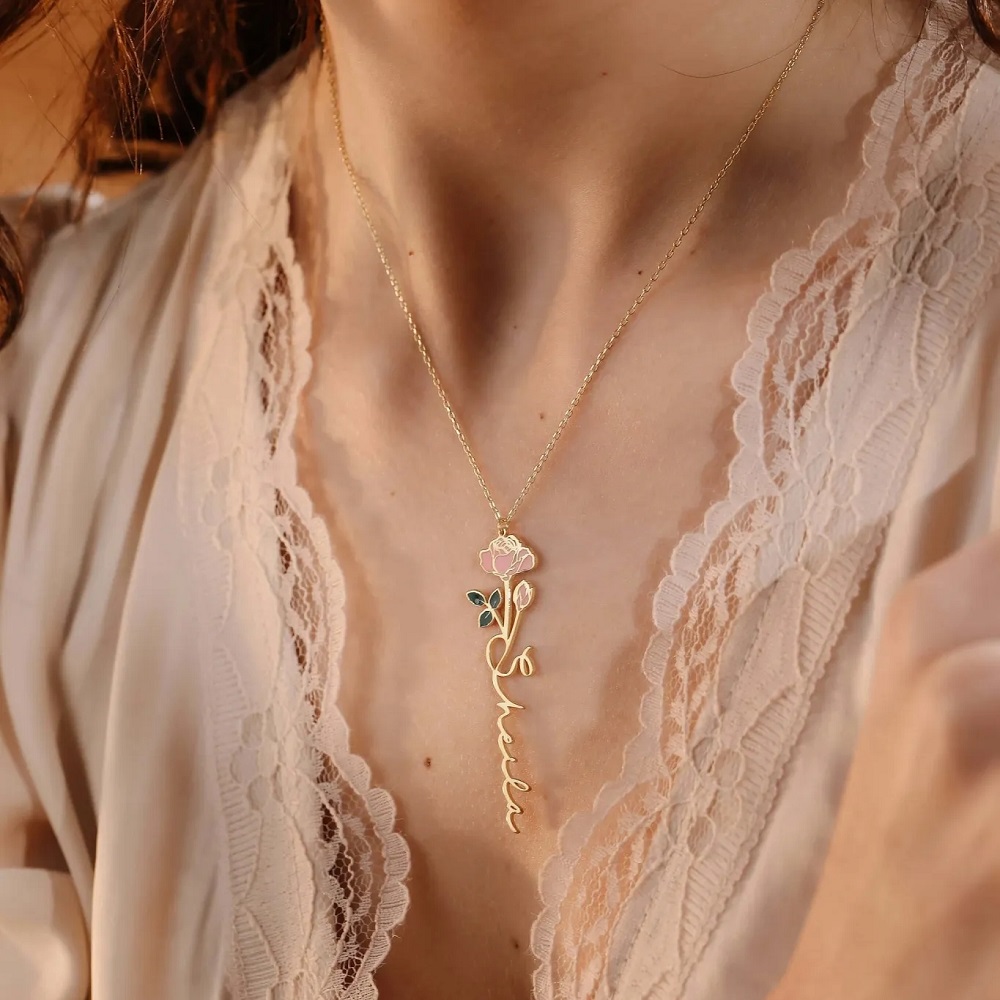 Birth Flower Necklace - 탄생 꽃과 개인화 된 이름 목걸이