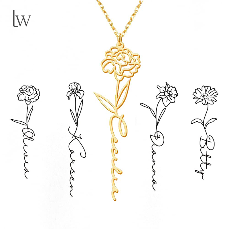 Birth Flower Necklace - 개인화 된 출생 꽃 이름 목걸이