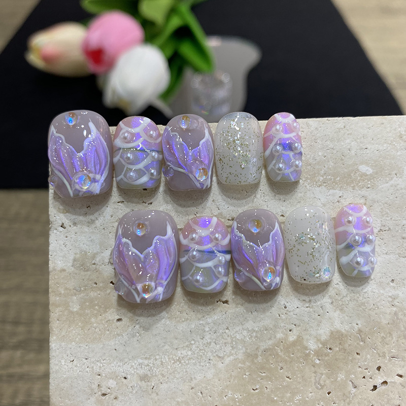 10개 나비꽃 모양 중간 길이 코핀형 인조 손톱, 펄  - Pressed Flower Art 리뷰 및 가격