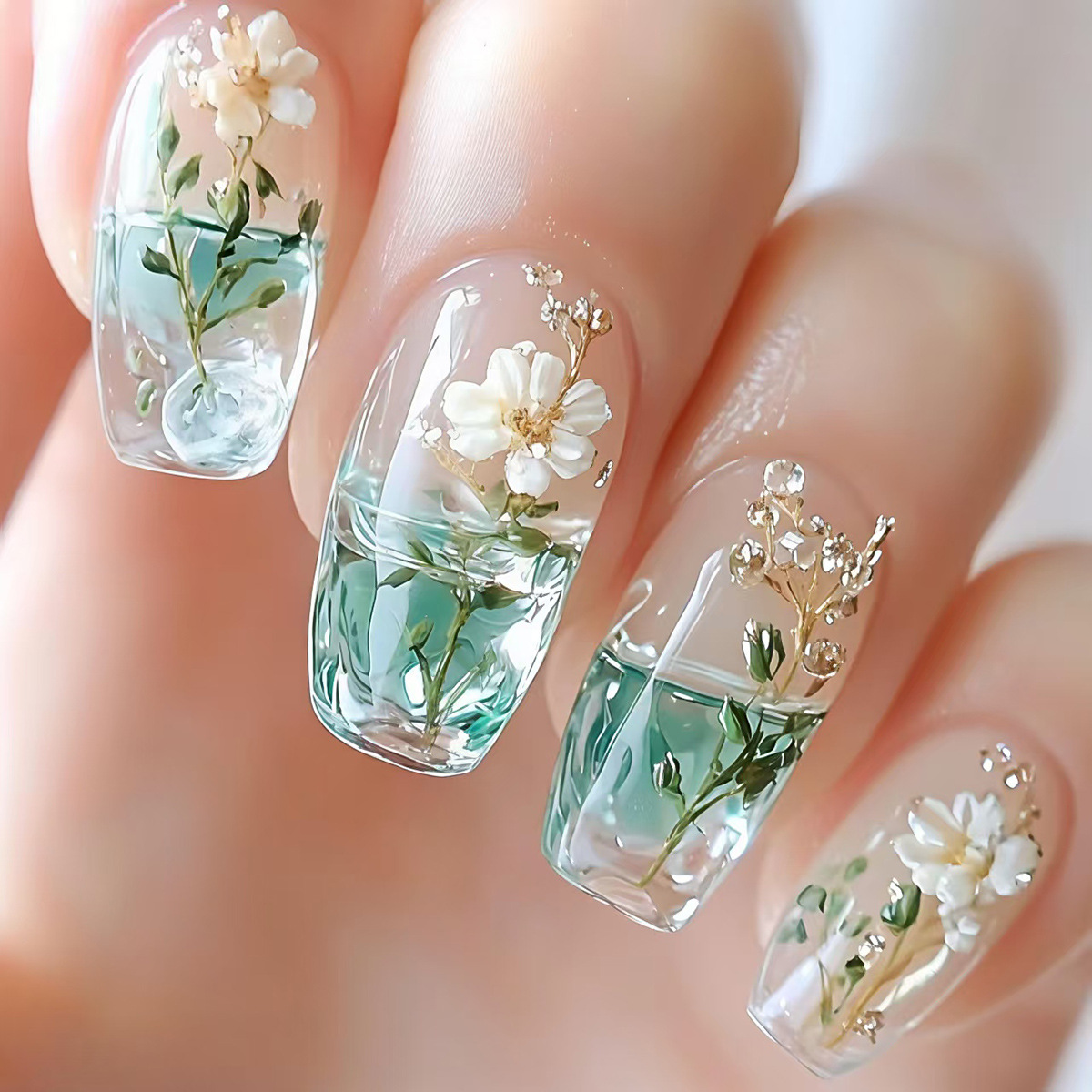 여성용 중간 사이즈 가짜 손톱, 반투명 그라데이션 그린 - Pressed Flower Art 리뷰 및 가격